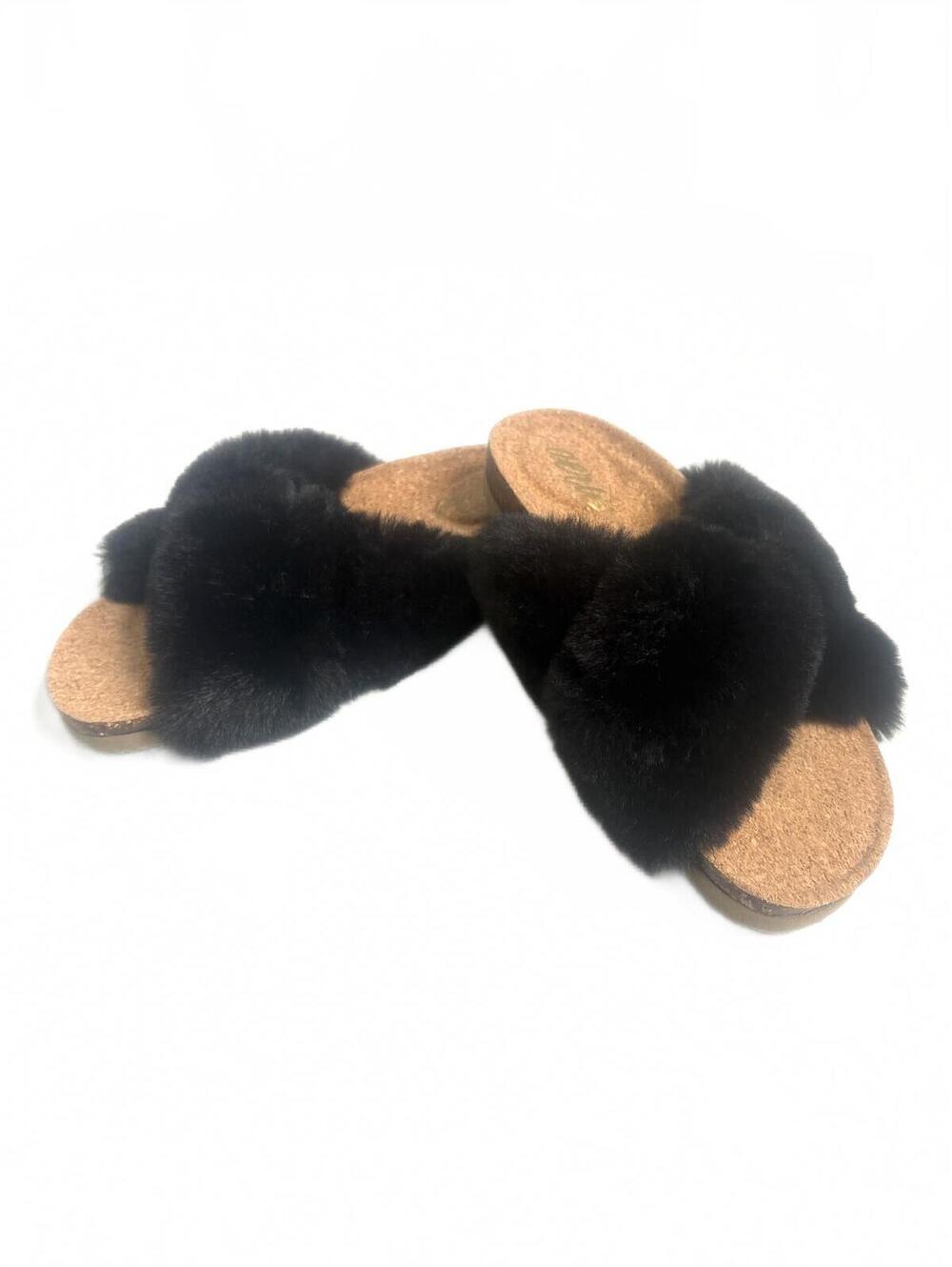 aerie | NWT‎ Black Criss Cross Fuzzy Fur Cork Slip On Sandals Slippers Size 6